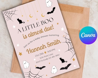 Pink Little Boo Baby Shower Invitation: Halloween Ghost Evite (Canva Template - Digital Download)