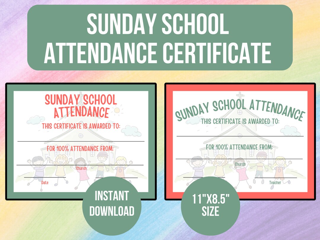 PRINTABLE Sunday School Attendance Certificate, Sunday School Award ...