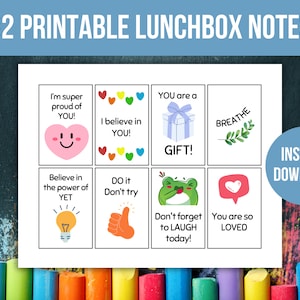 Notes imprimables pour la boîte à lunch, Affirmations positives, Cartes d'encouragement pour les enfants, Notes de déjeuner motivantes, Notes de rentrée pour le déjeuner