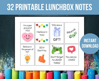 Lunchbox-notities voor kinderen: 32 kaarten met positieve bevestiging (directe download)