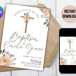 May include: A baptism invitation with a floral design and a wooden cross. The invitation reads "Baptism of Emma Grace" and includes the date, time, and location of the event. It also includes an RSVP number and information about a reception lunch to follow.
