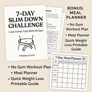 7-Day Slim Down Workout & Meal Plan | Printable Weight Loss Challenge PDF | No Gym Needed&quot;