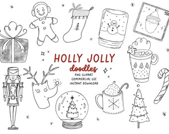 Holly Jolly Christmas Holiday Doodle Clip Art - 36 PNG grafische ontwerpen - Instant Download commercieel gebruik 300 dpi hand getrokken elementen lijn