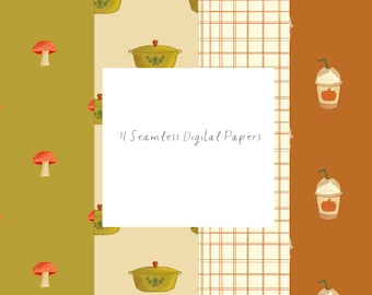 Op de afbeelding: Vier digitale papierontwerpen met een naadloos patroon van paddenstoelen, een pot, een geruit patroon en een pumpkin spice latte. De tekst "4 Seamless Digital Papers" staat in het midden van de afbeelding.