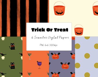 Op de afbeelding: Zes digitale papieren met Halloween-thema's. De papieren bevatten zwarte katten, schedels, raven, pompoenen en oranje en zwarte strepen. De tekst "Trick or Treat" is in zwart op een witte achtergrond geschreven.