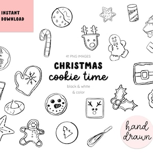 Weihnachtsplätzchen Clip Art, Urlaub Backen Handgezeichnete Schwarzweiß-Farbgrafiken, digitale Briefmarken, Sofortdownload PNG, kommerzielle Nutzung
