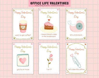 Op de afbeelding: Zes printbare Valentijnsdagkaarten met kantoor-thema woordspelingen. De kaarten bevatten illustraties van een kopje koffie, een stuk taart, een rol tape, een computerscherm met een hart, een roos met een cadeau en een paperclip.