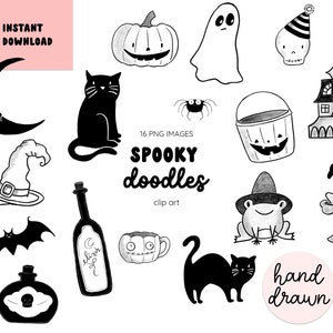 Spooky Season Halloween Doodle Clip Art, Halloween PNG Digital Graphic, Pencil Sketch Line Art, Instant Download, Commercial Use, White Line