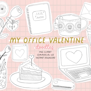 My Office Valentine - 12 designs gráficos PNG - Clip art desenhado à mão - Download instantâneo Uso comercial 300 dpi desenho a lápis arte de linha, escola