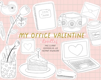Op de afbeelding: Een set zwart-witte lijntekeningen van kantoorbenodigdheden met een Valentijnsdagthema. De illustraties omvatten een roos, een nietmachine, een tape dispenser, een koffiekopje, een laptop, een taart, een notitieblok, een potloodhouder en een liefdesbriefje.