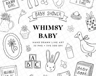 May include: Black and white line art illustrations of baby shower themed items, including a baby girl sign, a baby shower banner, a cupcake, a bunny rabbit, a baby bottle, a pacifier, a diaper, a baby book, a goose, a nest with an egg, a gift box, a flower, a bee, and blocks that spell ABC. The text "Whimsy Baby" is written in bold letters at the top of the image.