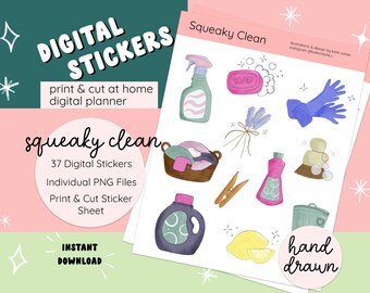 Op de afbeelding: Een digitale sticker sheet met 37 handgetekende illustraties van schoonmaakmiddelen, wasartikelen en andere huishoudelijke artikelen. De stickers zijn in aquarelstijl en bevatten verschillende kleuren, waaronder roze, blauw, groen en geel. De sheet heeft de titel "Squeaky Clean" en bevat de tekst "Direct downloaden".