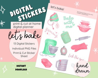 Op de afbeelding: Een set van 13 digitale stickers met handgetekend illustraties van bakbenodigdheden in een aquarelstijl. De stickers bevatten een mixer, een deegroller, een maatbeker, een bakvorm en meer. De stickers zijn perfect om een vleugje whimsy toe te voegen aan je digitale planner of andere digitale projecten. De tekst "let's bake!" en "yummy" zijn ook inbegrepen in de set.