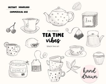 Op de afbeelding: Een set handgetekend zwart-witte illustraties van theetijd-items, waaronder een theepot, theekopjes, theezakjes, een citroen, een honingpot, een cupcake en een waterkoker. De tekst "TEA TIME vibes" is in vetgedrukte letters geschreven.