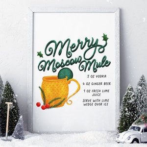 Cóctel de mula navideña con receta de arte de pared imprimible - Receta de bebidas navideñas Arte de pared navideño - Cartel de barra de letrero de fiesta de mula de Moscú feliz