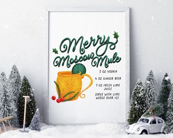 Op de afbeelding: Een printbare receptkaart met een feestelijke illustratie van een Moscow Mule cocktail in een koperen mok. De tekst luidt "Merry Moscow Mule" en bevat de ingrediënten: 2 cl wodka, 4 cl gemberbier, 1 cl vers limoensap. Er staat ook "Serveer met een limoenwig op ijs."