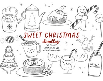 Op de afbeelding: Een set handgetekend kerst-illustraties in zwart-wit met een verscheidenheid aan zoete lekkernijen, waaronder een peperkoekman, een snoepstok, een sneeuwpop, een kerstpudding, een mok warme chocolademelk, een glas melk, een cupcake, een rolcake en een kerstboomkoekje. De tekst "SWEET CHRISTMAS doodles" staat in rood bovenaan de afbeelding.