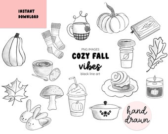 Op de afbeelding: Een set handgetekend zwart-witte illustraties van gezellige herfstvibes. De illustraties omvatten een pompoen, een mok warme chocolademelk, een boek, een blad, een kaars, een paddenstoel, een koffiekopje, een cupcake, een paar pantoffels, een pot en een herfstachtig drankje. De tekst "Cozy Fall Vibes" is in vetgedrukte letters geschreven. De tekst "Hand Drawn" is in een cirkel geschreven.