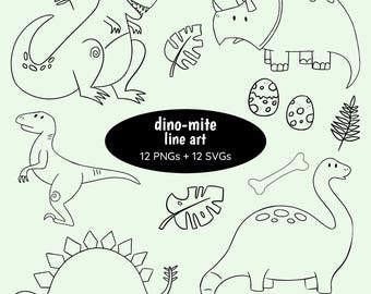Op de afbeelding: Een set van 12 zwart-witte lijntekeningen van dinosaurussen, waaronder een T-Rex, een Triceratops, een Stegosaurus en een Raptor. De illustraties zijn eenvoudig en schattig en zouden perfect zijn voor gebruik in een kinderboek of op een website.