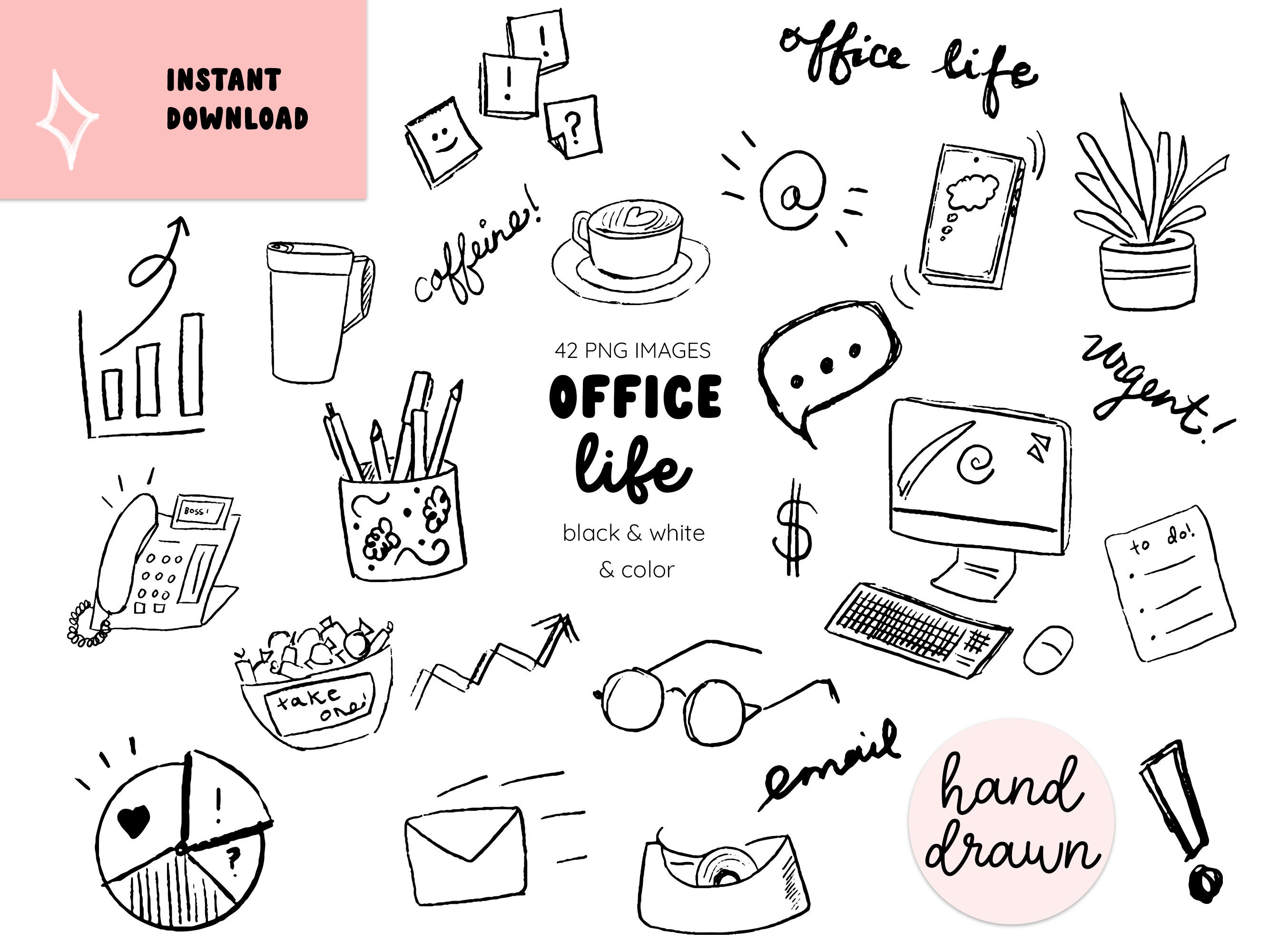 Office Life Doodle Clip Art, Sketch Hand Drawn Black & White and Color ...