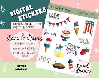 Op de afbeelding: Digitale stickers met een patriottisch thema, met illustraties van vuurwerk, ijs, een taart en de tekst "Happy 4th of July". De stickers zijn handgetekend en bevatten de woorden "stars & stripes."