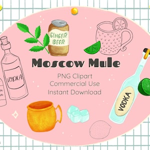 Mosca Mule Cocktail Clip Art, Bere Adesivi grafici digitali, 2 set - Linea artistica illustrata e nera, Download istantaneo, Uso commerciale PNG