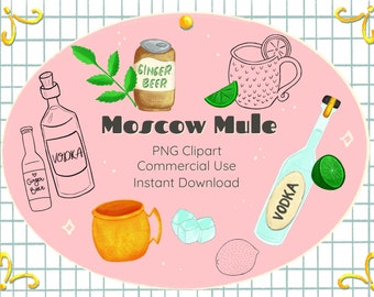 Op de afbeelding: Een roze en witte illustratie van de ingrediënten voor een Moscow Mule cocktail. De ingrediënten omvatten wodka, gemberbier, limoen, ijs en een koperen mok. De tekst "Moscow Mule" is in zwarte letters geschreven.