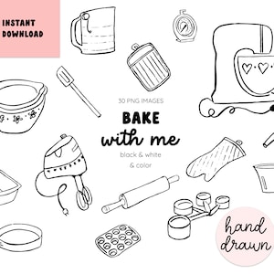 Baking Doodle Clip Art, Retro Bakeware Hand-drawn Black and White and Color graphics, Digital Stamps, Instant Download PNG, Commercial Use