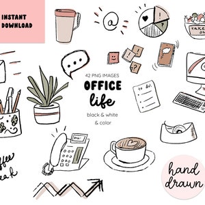 Office Life Doodle Clip Art, Boceto dibujado a mano en blanco y negro y gráficos en color, sellos digitales, descarga instantánea, uso comercial
