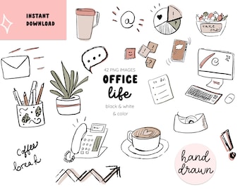 Office Life Doodle Clip Art, Sketch Hand getrokken zwart-wit en kleurenafbeeldingen, digitale postzegels, Instant Download, commercieel gebruik