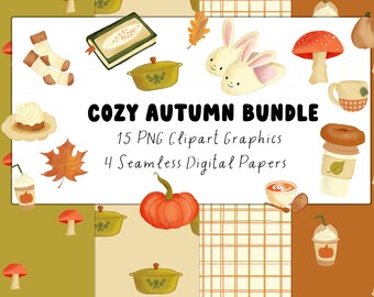 Op de afbeelding: Gezellige Herfstbundel met 15 PNG-clipart-afbeeldingen en 4 naadloze digitale papieren. De afbeeldingen omvatten een pompoen, een pot, een boek, een koffiebeker, een paddenstoel, een blad, een paar pantoffels en een cupcake. De digitale papieren hebben een ruitpatroon, een geruit patroon en een effen bruin patroon.
