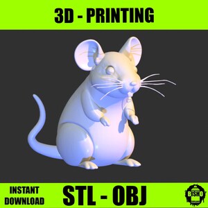 Può includere: Un modello di topo bianco stampato in 3D. Il topo è in piedi su tutte e quattro le zampe e ha una lunga coda. Il modello è pronto per la stampa 3D ed è disponibile per il download immediato nei formati STL e OBJ.