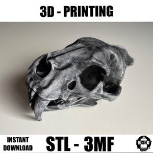 以下が含まれることがあります： グレーとシルバーの3Dプリントされたトラの頭蓋骨。頭蓋骨には詳細な隆起と目立つ歯があります。画像には「3D-PRINTING」、「INSTANT DOWNLOAD」、「STL-3MF」というテキストが含まれています。ユニークな装飾品です。