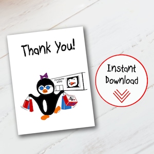 printable penguin thank you card, penguin thank you card digital download, cartoon penguin thank you card, penguin thank you card