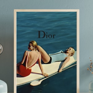 Vintage archive poster, women tanning on surfboard, retro art print, 1960s ad poster, fashion poster, vintage summer art, digital download