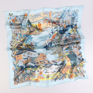 100% Pure Silk Scarf, Design Holiday Gift, Large Square Silk Scarf, Neck Scarf Women, Blue Vintage Print Scarf, Flower Moon, Hot Air Balloon