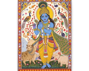 Canvas Painting Lord Krishna | Madhubani Art | Indian Traditional Wall Decor | Hindu Spiritual Home Decoration