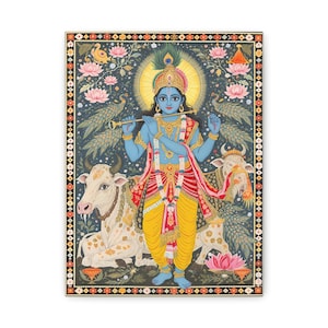 Canvas Painting Lord Krishna | Madhubani Art | Indian Traditional Wall Decor | Hindu Spiritual Home Decoration