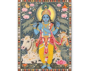 Canvas Painting Lord Krishna | Madhubani Art | Indian Traditional Wall Decor | Hindu Spiritual Home Decoration