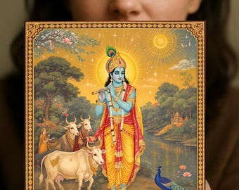 Rajasthani Miniature Painting Lord Krishna | Indian Traditional Art | Hindu Spiritual Wall Decor | Krishna Vrindavan Scene