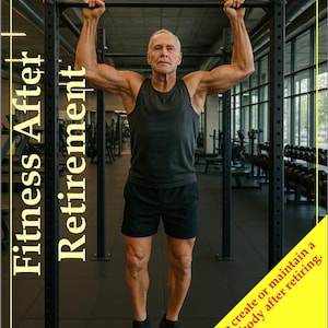 Può includere: Un uomo con canotta e pantaloncini neri è appeso a una sbarra per trazioni in palestra. L'immagine è incorniciata con un bordo giallo e contiene il testo "Fitness After Retirement" e "How to create or maintain a healthy body after retiring."