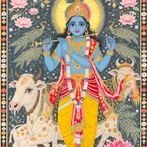 Digital Download of Lord Krishna | Madhubani Art | Indian Traditional Wall Decor | Hindu Spiritual Home Decoration