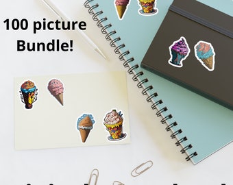 100 pcs Ice Cream Stickers, Ice Cream Bundle, PNG Download, Fast Food Stickers, Ice Cream Clipart, Printable Stickers Bundle