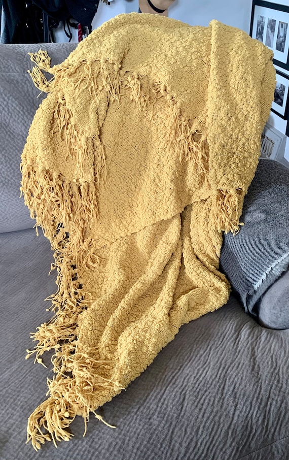 Vintage Homemade 52x72 Crocheted Ochre Throw Blanket W fringe Detailed MCM Pattern Made in the 1960 70s Excellent Condition Lightweight Etsy Canada