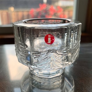 Unused/Displayed only Vintage 2”x2 1/2” IITTALA FINLAND Glass “Kuusi” Tea-light Candleholder c.1980s; Embossed Spruce Trees On Faceted Glass