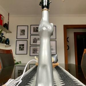 Handcrafted Moselland Riesling 16”x 3” Metallic Silver Happy Cat LAMP; Collectible Satin Glass Modern Cat Shaped Decor/Accent Table Lamp