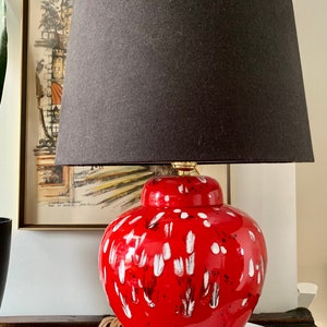 Vintage 14”x8” Vibrant Mid-Century Red Spatter LEVITON Ceramic High Gloss Table Lamp; Retro Red, White, Black Drip Studio Art Pottery Design