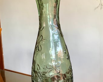 XL 90s Handblown 19” Olive Green Seamed Recycled Glass Vase/Bottle w/Cork Stopper & Daisy Motif; Textured Glass w/Visible Bubbles Throughout