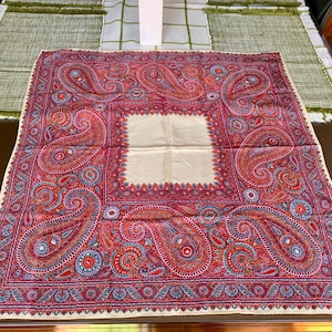 Mid-Century 28” x 26” ECHO JAPAN Silk Scarf c.1960; Vibrant Red|Blue|Teal Paisley Pattern w/Cream Background/Square Center Neck/Head Scarf