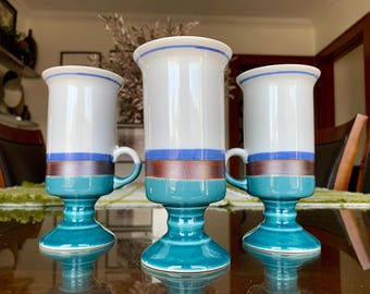 Unused Set of Three Mid-Century 6 fl oz OTAGIRI JAPAN “Horizon” Stripe Stoneware Irish Coffee Pedestal Mugs; Handcrafted Collectible Mugs